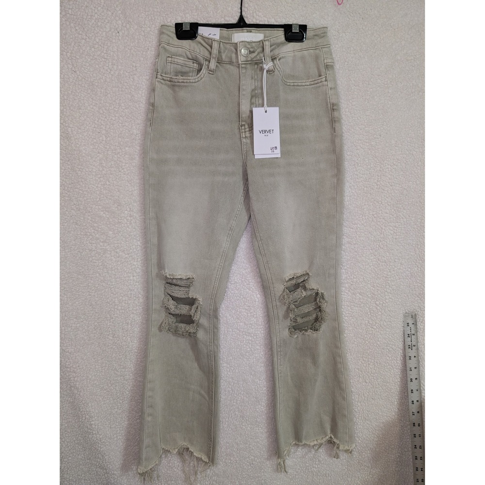 Vervet Blue Bella Jeans Womens 24 Green New Distressed High Rise Flare Raw Hem